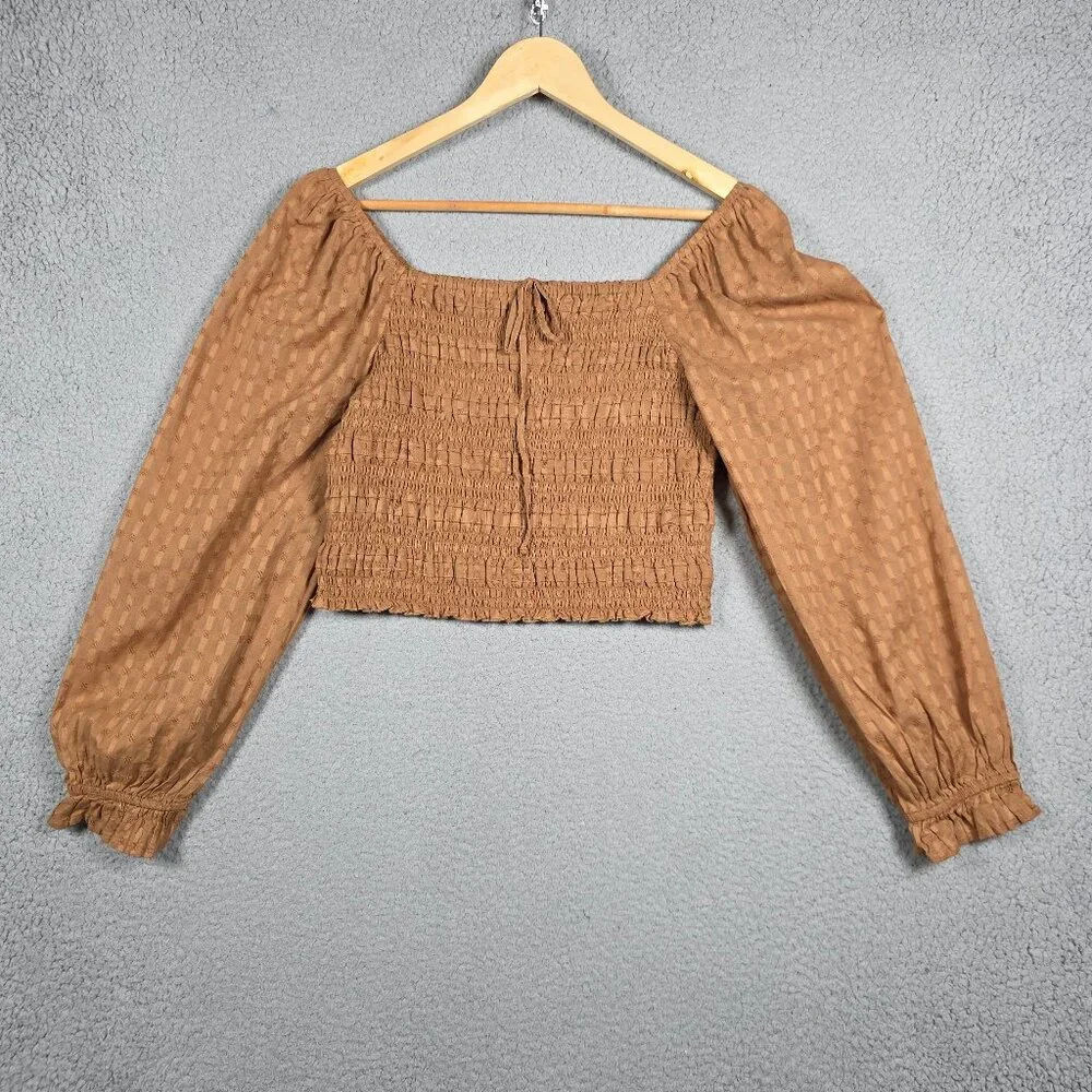 American Eagle Blouse Top Womens Medium Brown Smocked Cropped Peasant Picnic NWT